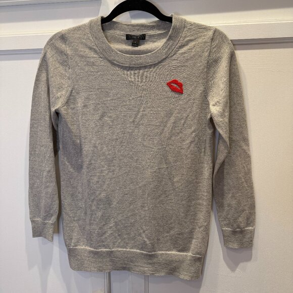 J Crew 3/4 Sleeve Grey Merino Wool Sweater w/ Kiss Lips Sz S - Picture 1 of 6